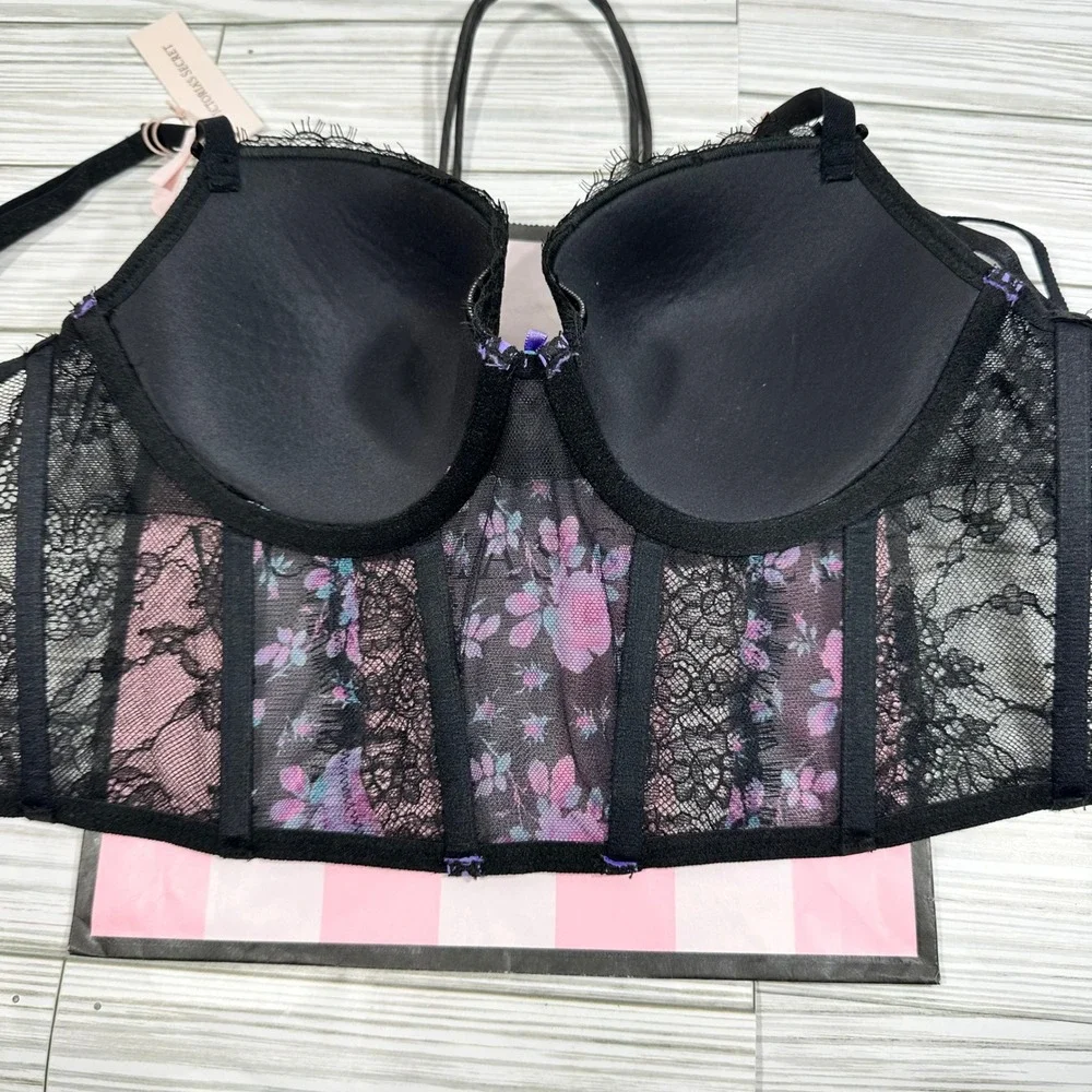 NWT Victoria's Secret Dream Angels Floral Lace Bustier Corset Top Black Purple L